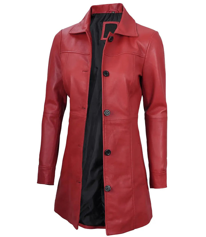 Stylish Kandis red leather car coat for women in France style