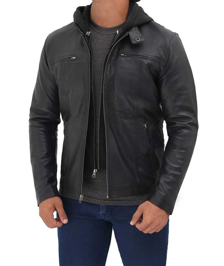 Men's black café racer jacket featuring detachable hood