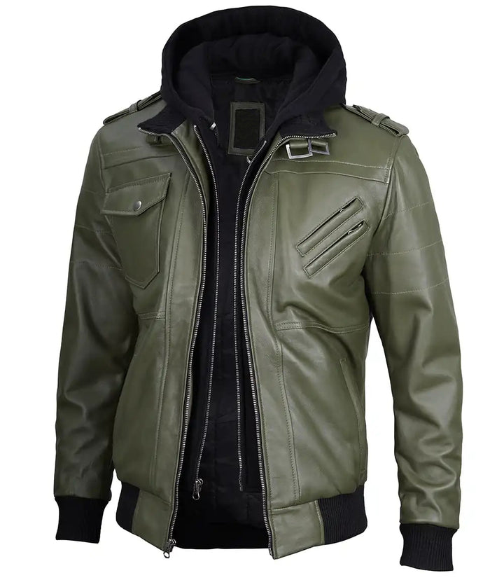 Classic Men's Military Green Leather Jacket with Detachable Hood in USA