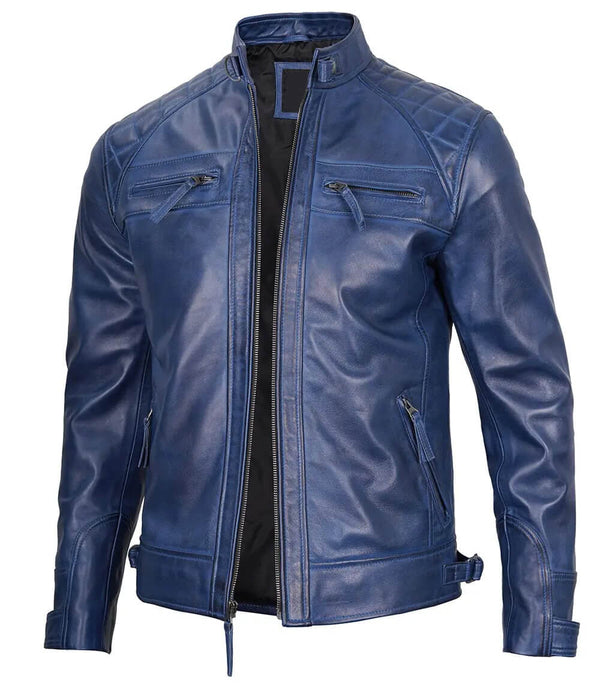 Men's Leather Blue Wax Café Racer Biker Jacket Front View in USA