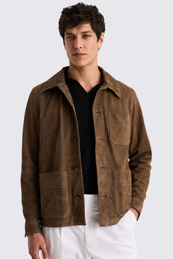 Taupe suede overshirt with button closure in USA