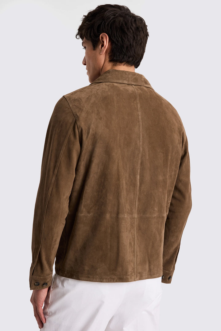 Casual taupe overshirt made from genuine suede in USA