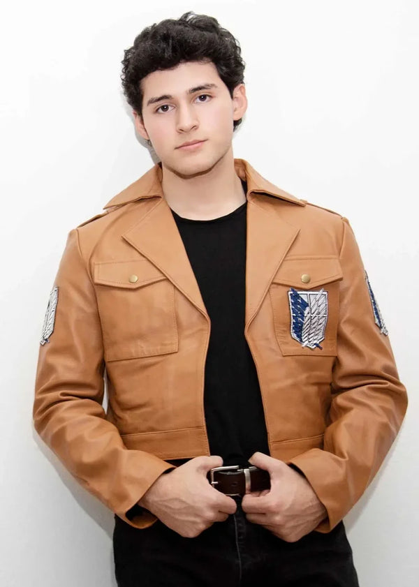 Men's brown leather jacket inspired by Attack on Titan in USA