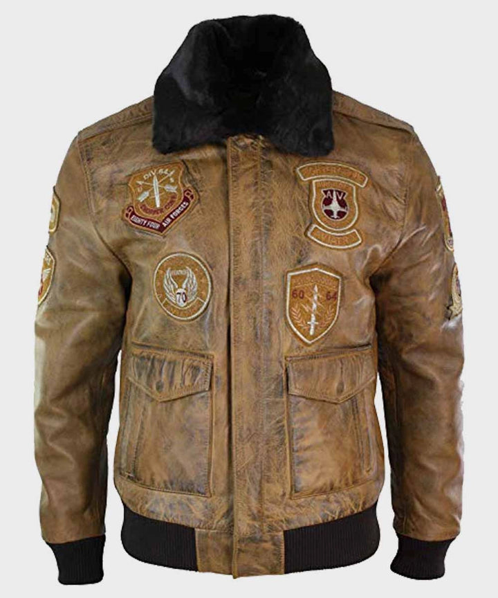 Men's Aviator Tan Bomber Leather Jacket - Front View in usa