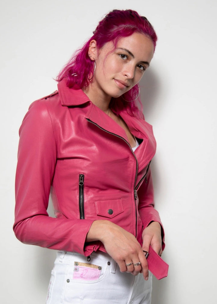 Vibrant Barbie pink leather jacket for a bold fashion statement in USA