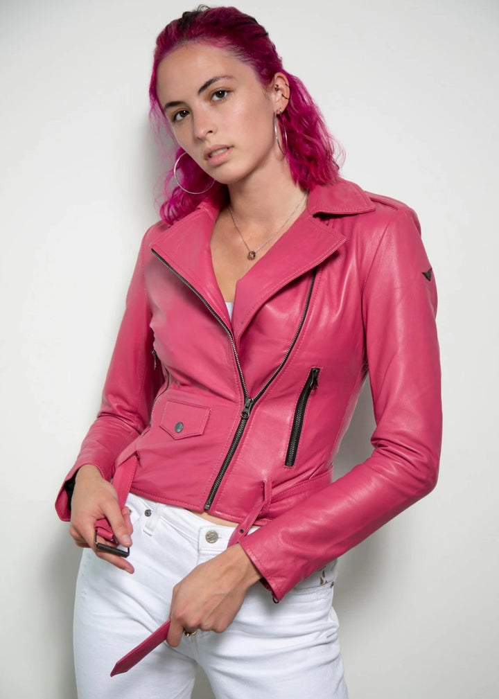 Stylish Margot Robbie Barbie pink leather jacket for women in USA