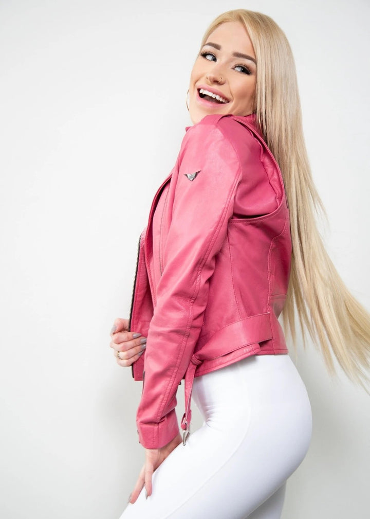 Premium Margot Robbie-inspired pink leather jacket for women in France style