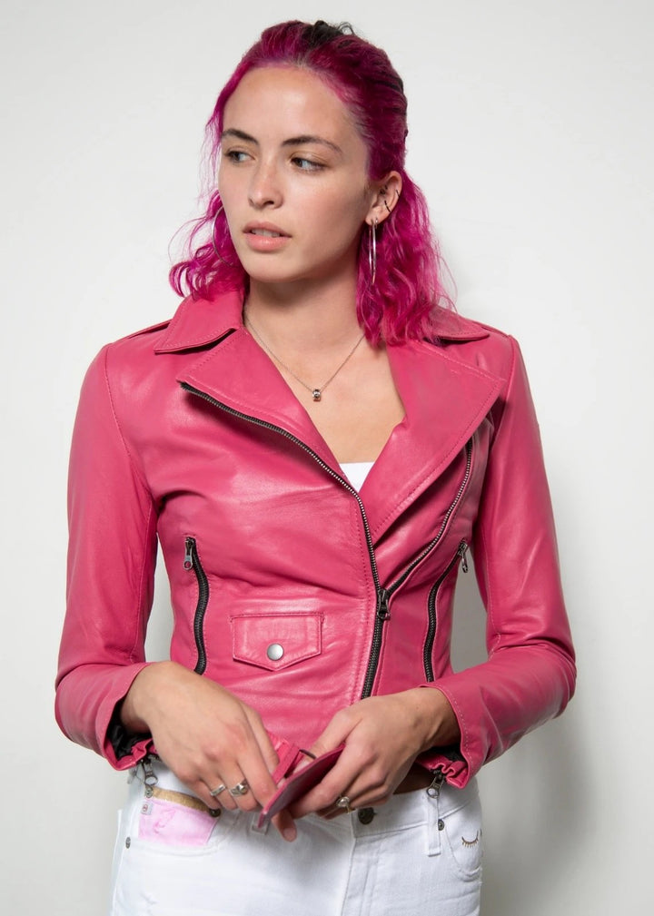 Iconic Barbie pink leather jacket inspired by Margot Robbie in American style