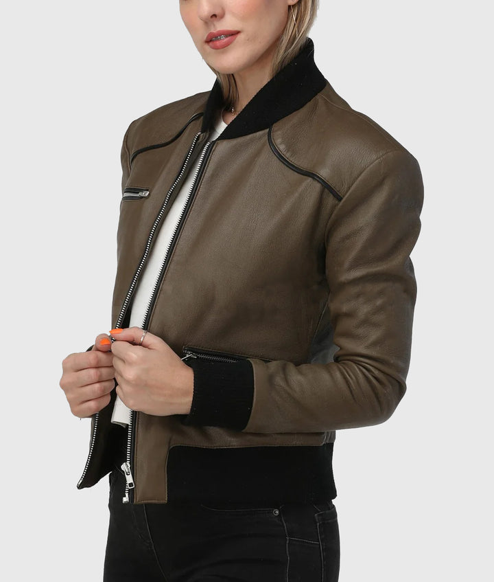 Elegance Women Olive Bomber Leather Jacket in usa