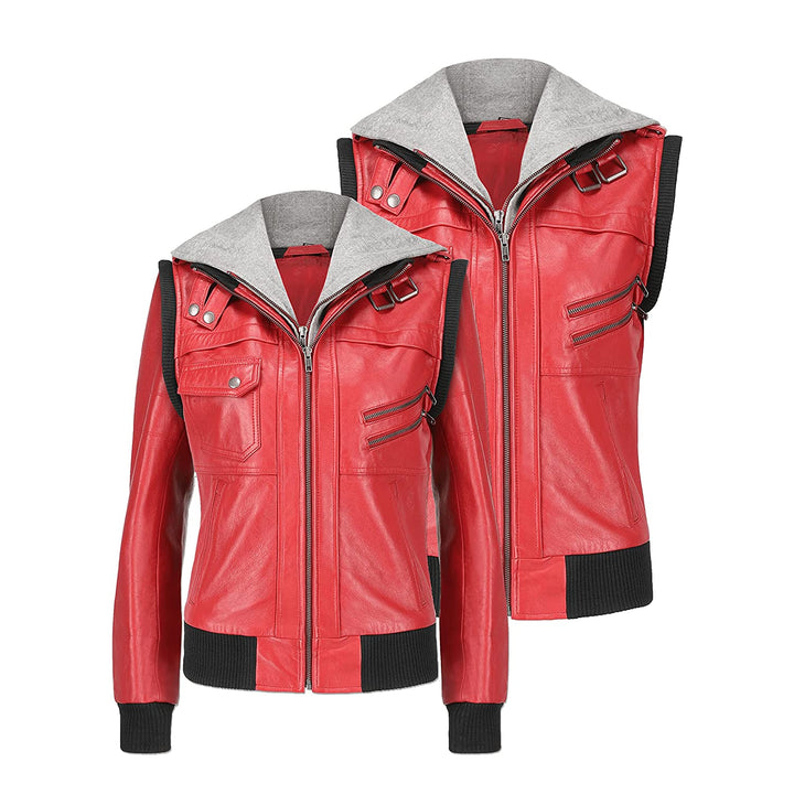 Premium Women's Hooded Red Leather Jacket in USA