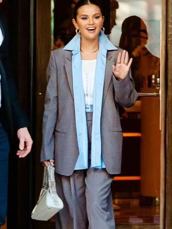 Selena Gomez grey blazer fashion style in USA