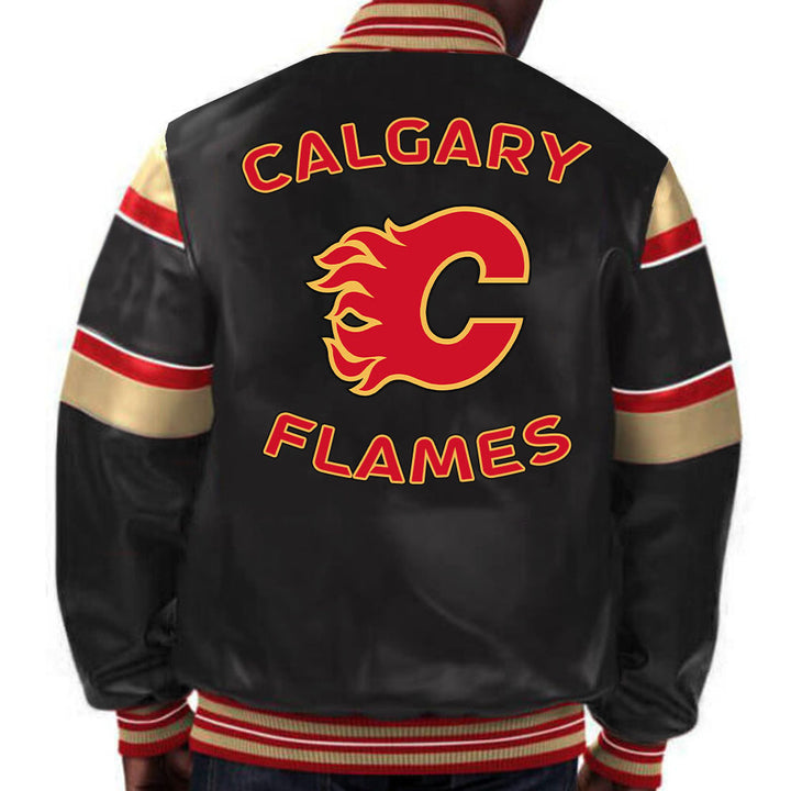 Ignite your style with this sleek Calgary Flames leather jacket, a blazing tribute to the team's fiery spirit and your unwavering support in USA