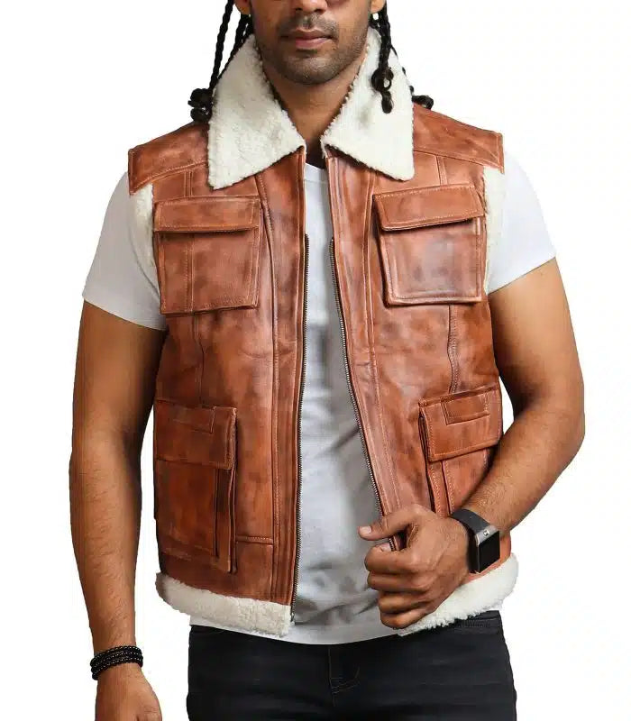 Brown faux fur leather vest for men in France style