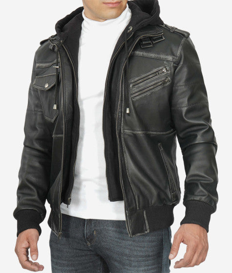 Trending men's leather bomber jacket with removable hood in USA