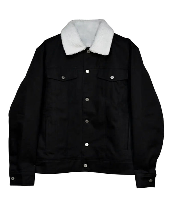 Black denim shearling jacket for men and women with button closure and fur collar