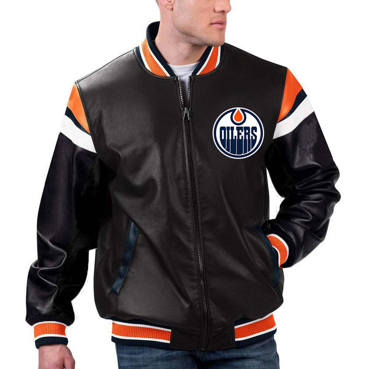 TJS NHL Edmonton Oilers Leather Jacket in Royal Blue in France style