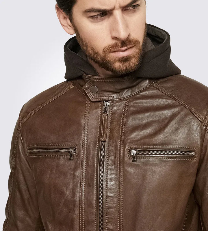 Fashionable dark brown biker jacket with hood in American market