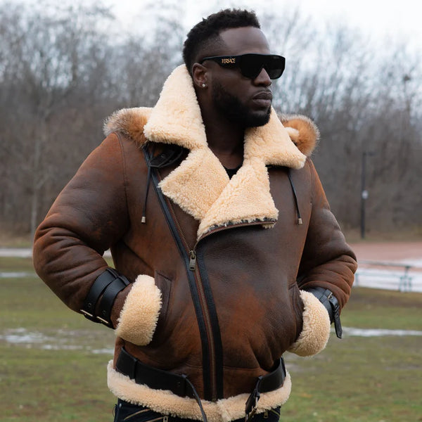 Shop Rocco Vintage Distressed Brown Aviator bomber shearling jacket with hoodie