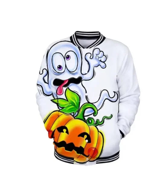 Shop Funny Halloween Pumpkin Print Letterman Varsity Jacket