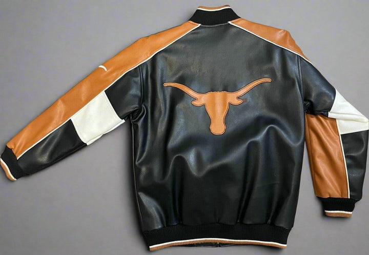 Texas Longhorns leather varsity jacket from G-III Sports, designed by Carl Banks with classic collegiate style