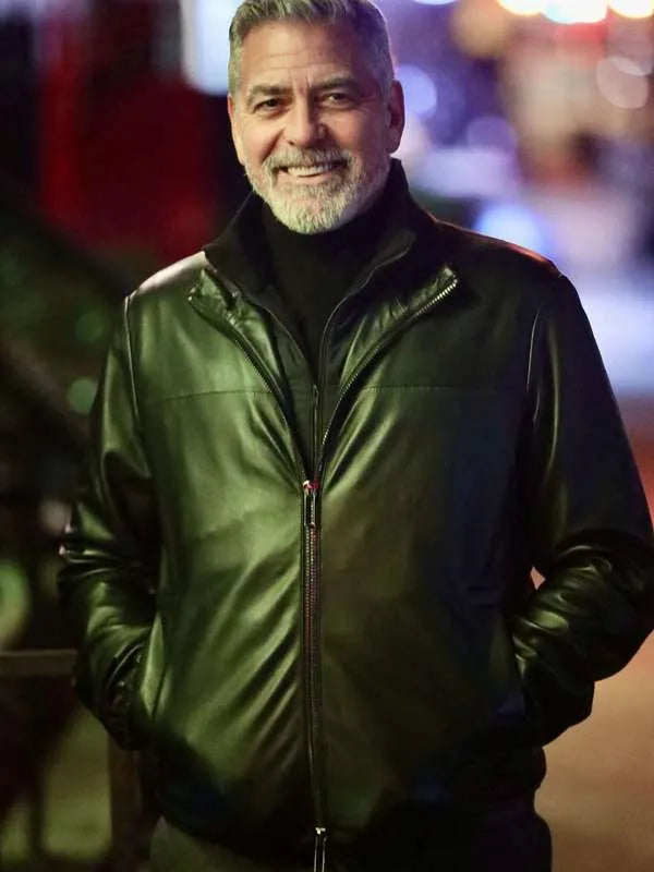 Chic Black Leather Jacket Worn by George Clooney in Wolves 2024
