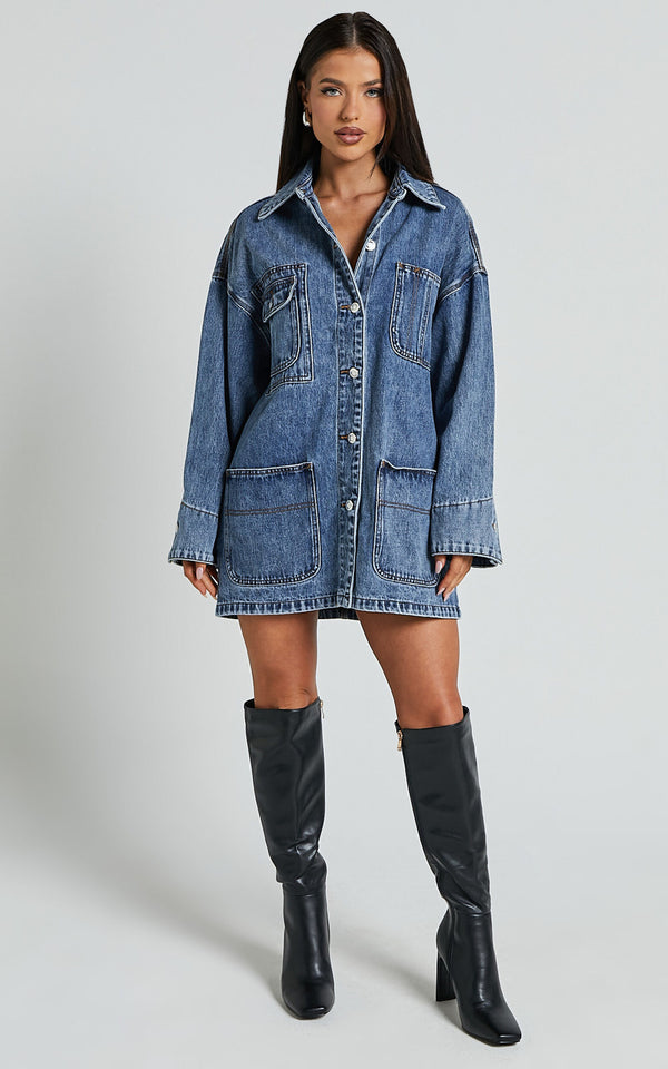 Oversized Harlow denim jacket in mid blue wash in USA