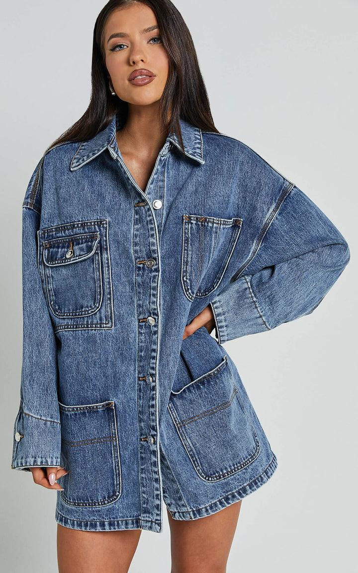 Mid blue oversized jean jacket for casual style in USA