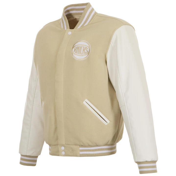 Front view NBA NY Knicks Reversible Tan/White Varsity Jacket