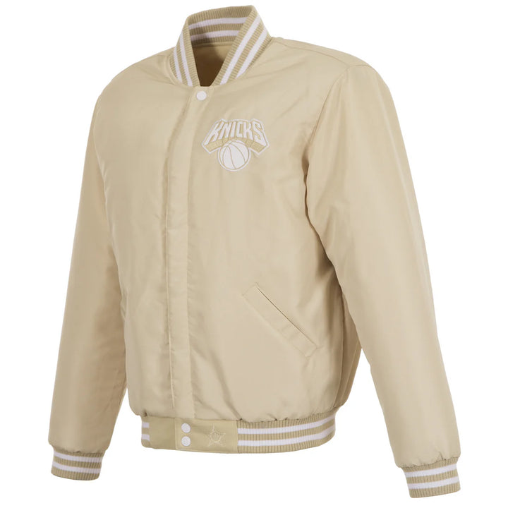Front view NBA NY Knicks Reversible Tan/White Varsity Jacket