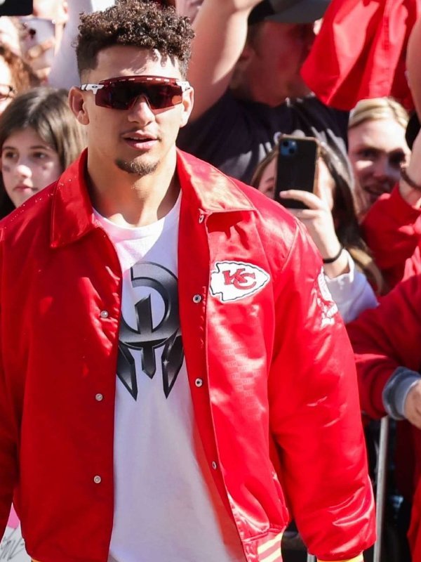 Stylish jacket worn by Patrick Mahomes at Victory Parade in American style