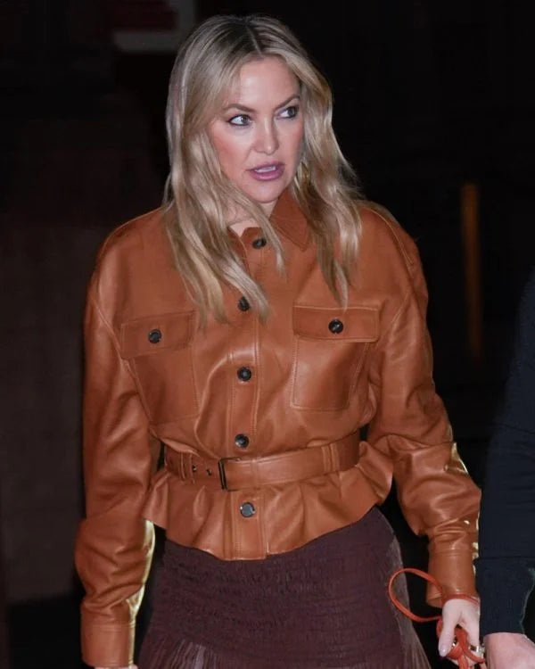 Shop Kate Hudson NYC 2025 Brown Leather Jacket