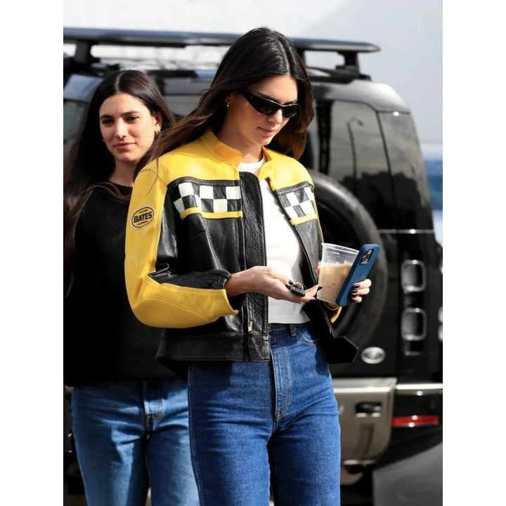 Kendall Jenner wearing Aspen black and yellow leather jacket in USA