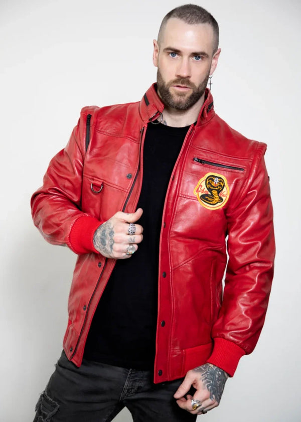 Cobra Kai Jacket | Cobra Kai Bomber Leather Jacket | Johnny Lawrence Red Karate Kid Cobra Kai Men Leather Jacket by The Jacket Seller