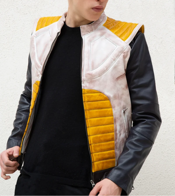 Men’s anime leather jacket inspired by Vegeta's Saiyan armor in USA