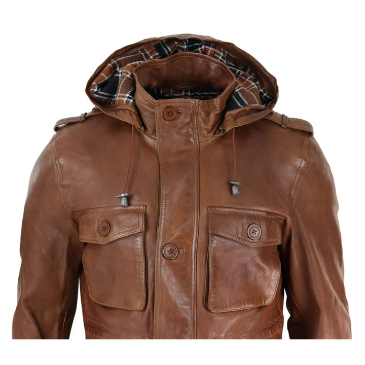 Breathable men's leather safari jacket with button and zip closure