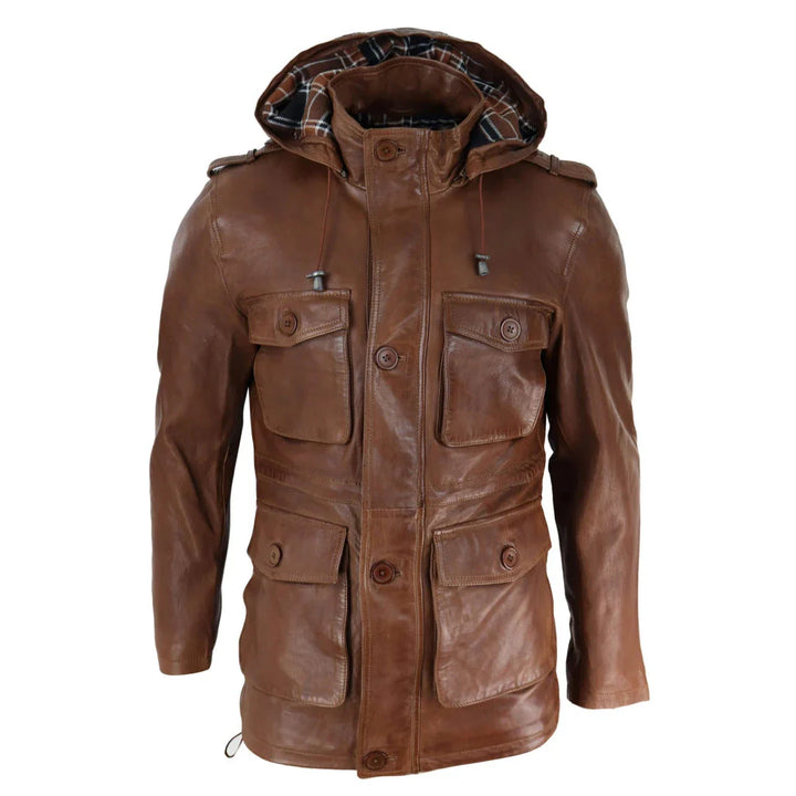 Mid-length men's safari jacket made from organic leather