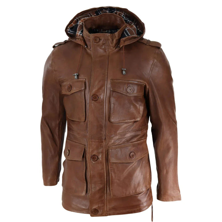 Men's leather jacket with 4-pocket safari style and shoulder lapels