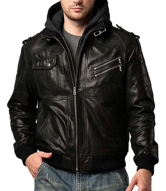 Men's black leather jacket with detachable hood and zippered pockets