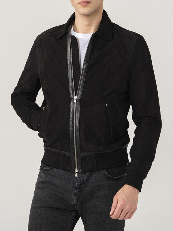 Men's sleek black suede bomber jacket in USA