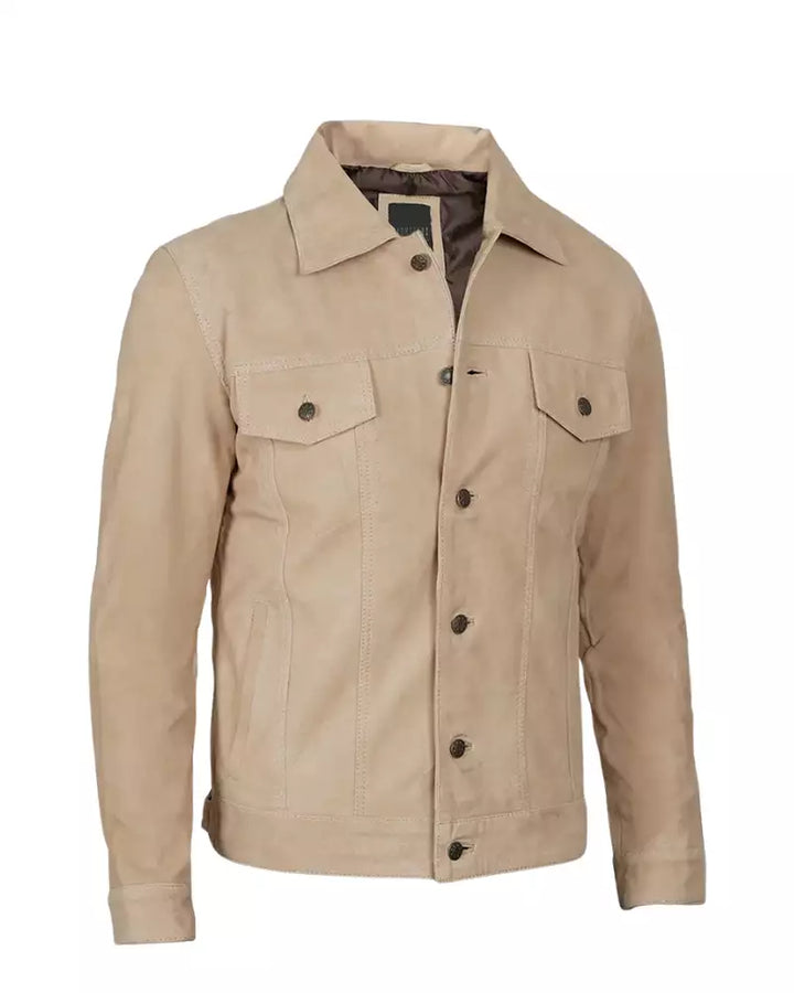 Men's camel color denim trucker jacket front view