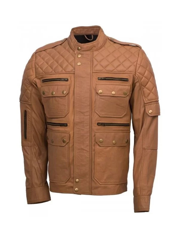 Men's tan sheepskin quilted jacket with zippered front