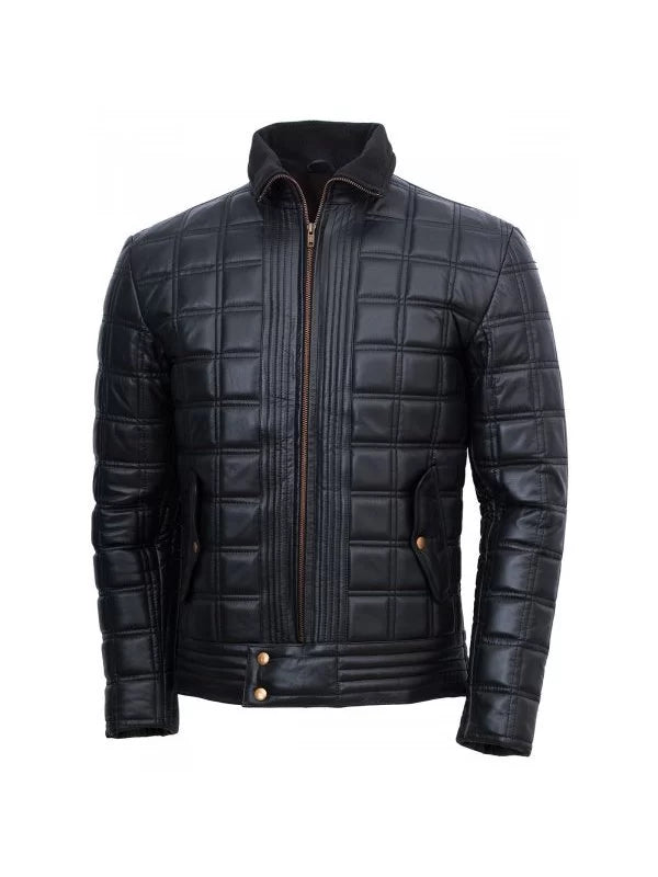 Men's black quilted bomber jacket with polished design