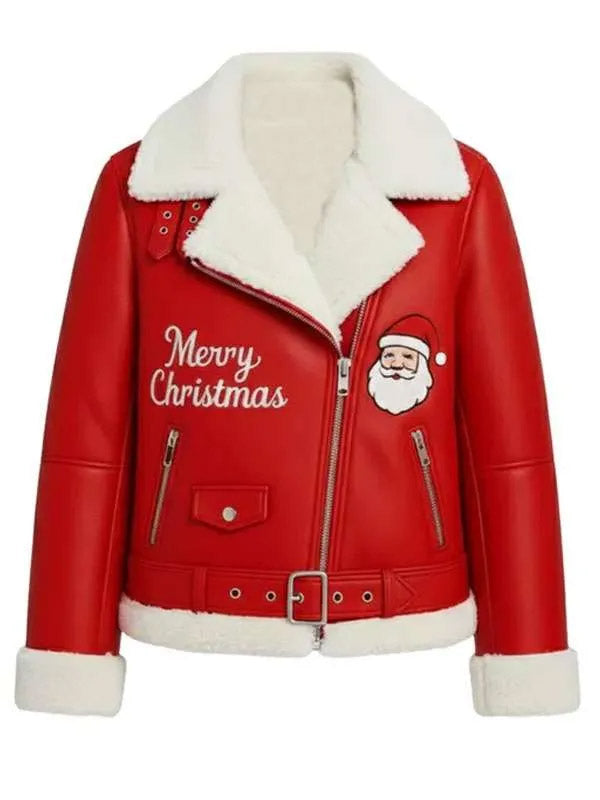 Festive Red Christmas Biker Jacket with Santa & Sherpa Trim