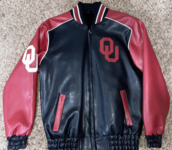 NCAA Oklahoma Sooners leather varsity jacket showcasing premium design and iconic football team colors