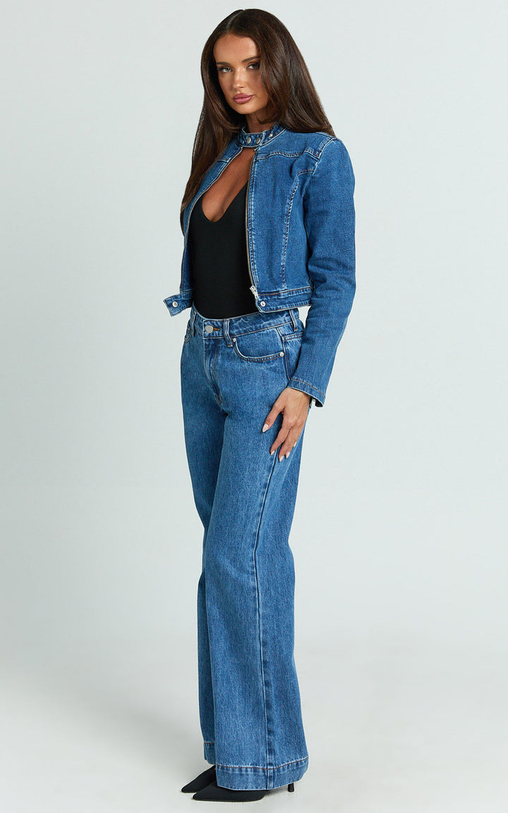 Stylish dark blue biker jean jacket with snap collar in USA