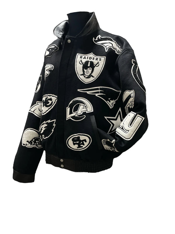 Black and white NFL college wool and leather jacket in USA