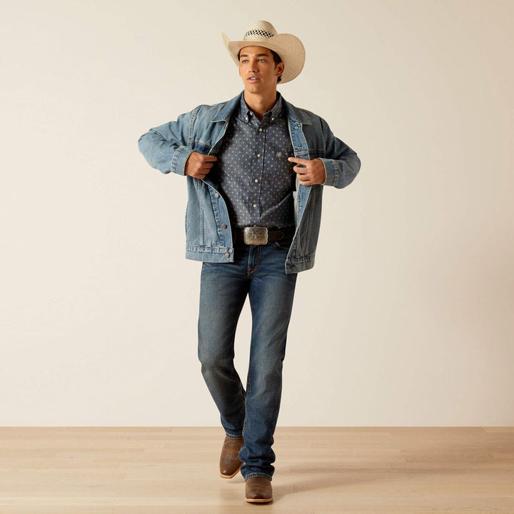 Blue denim trucker jacket for casual wear in USA