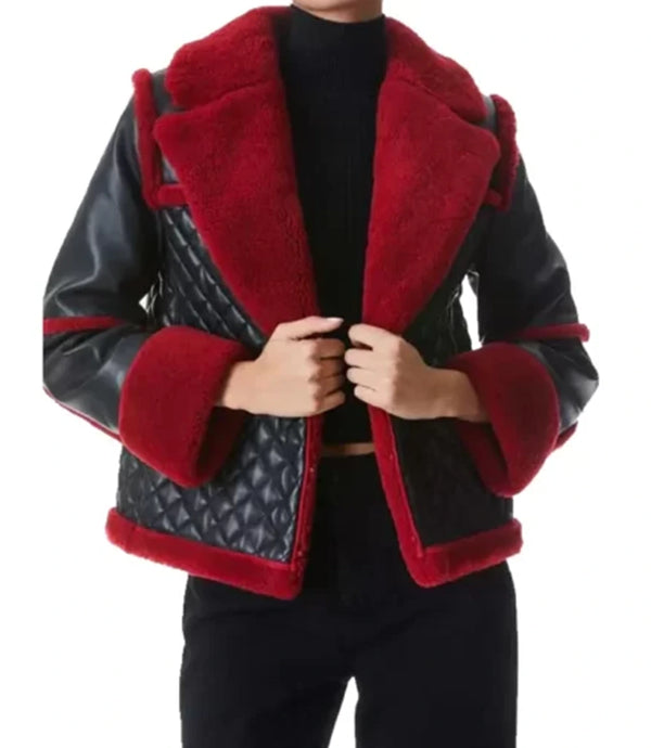 Women's Red Shearling Black Leather Quilted Jacket by TJS in USA