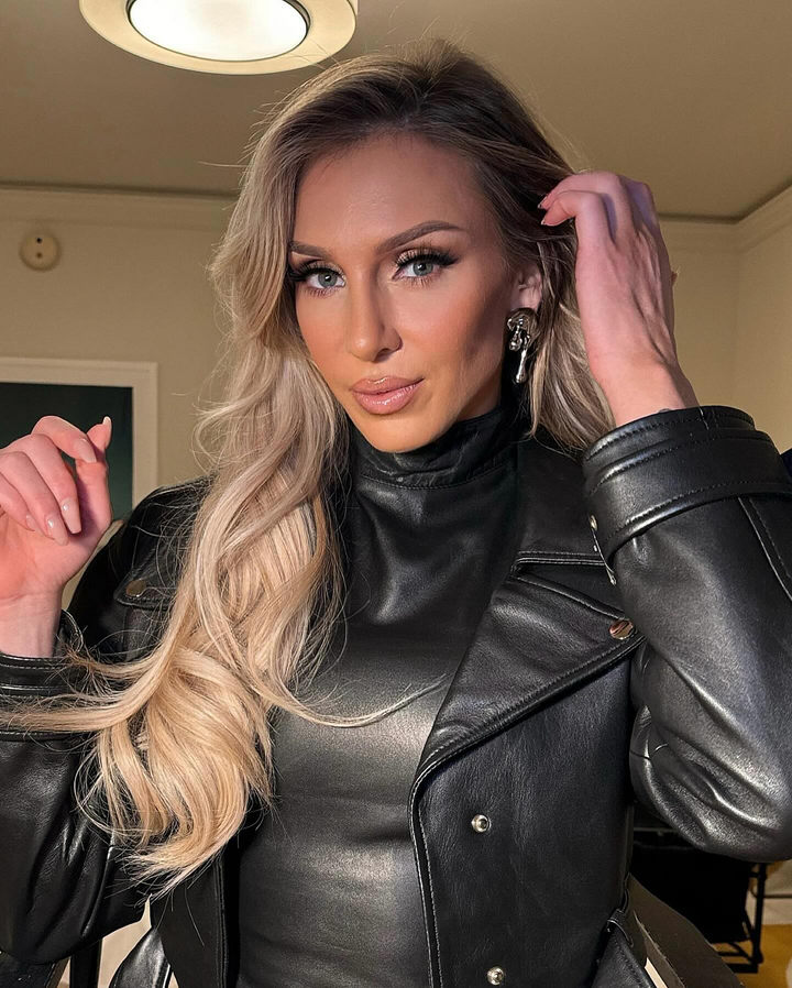 Charlotte Flair TJS leather jacket close-up in France style