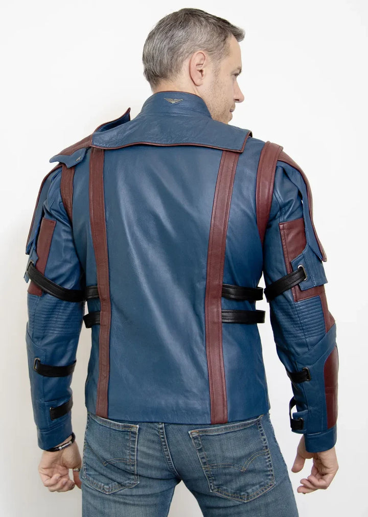 Stylish outlaw themed blue leather jacket for men in USA